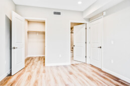 A look at storage and the private master bathroom from within the two-bedroom apartment unit.